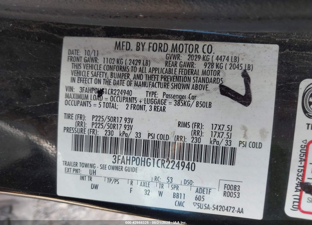 2012 FORD FUSION VIN: 3FAHP0HG1CR224940