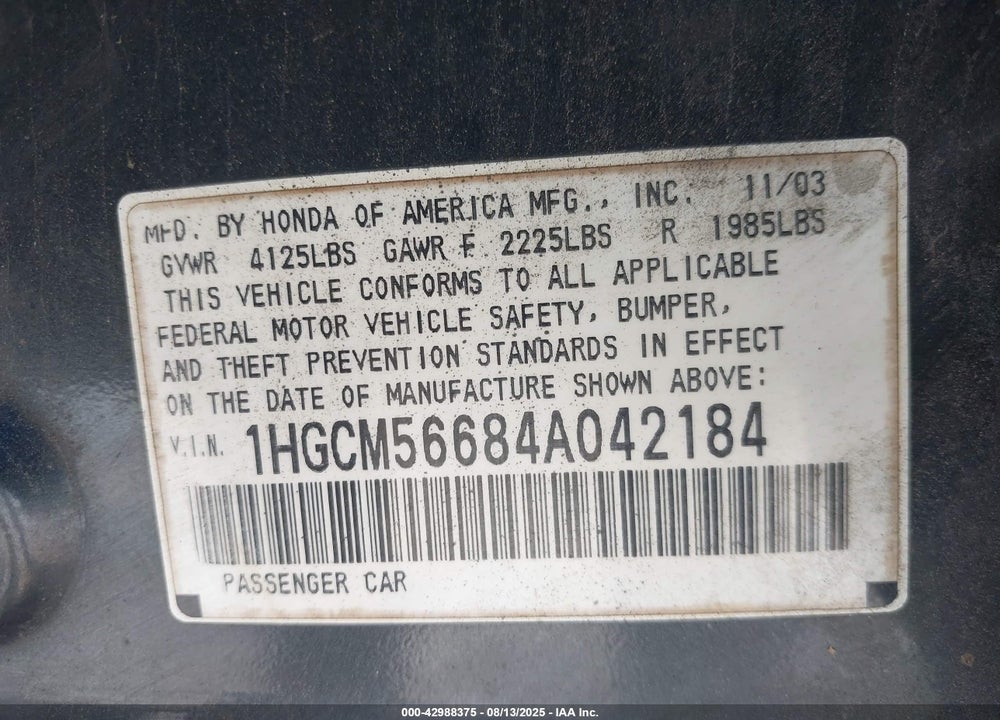 2004 HONDA ACCORD 2.4 EX VIN: 1HGCM56684A042184