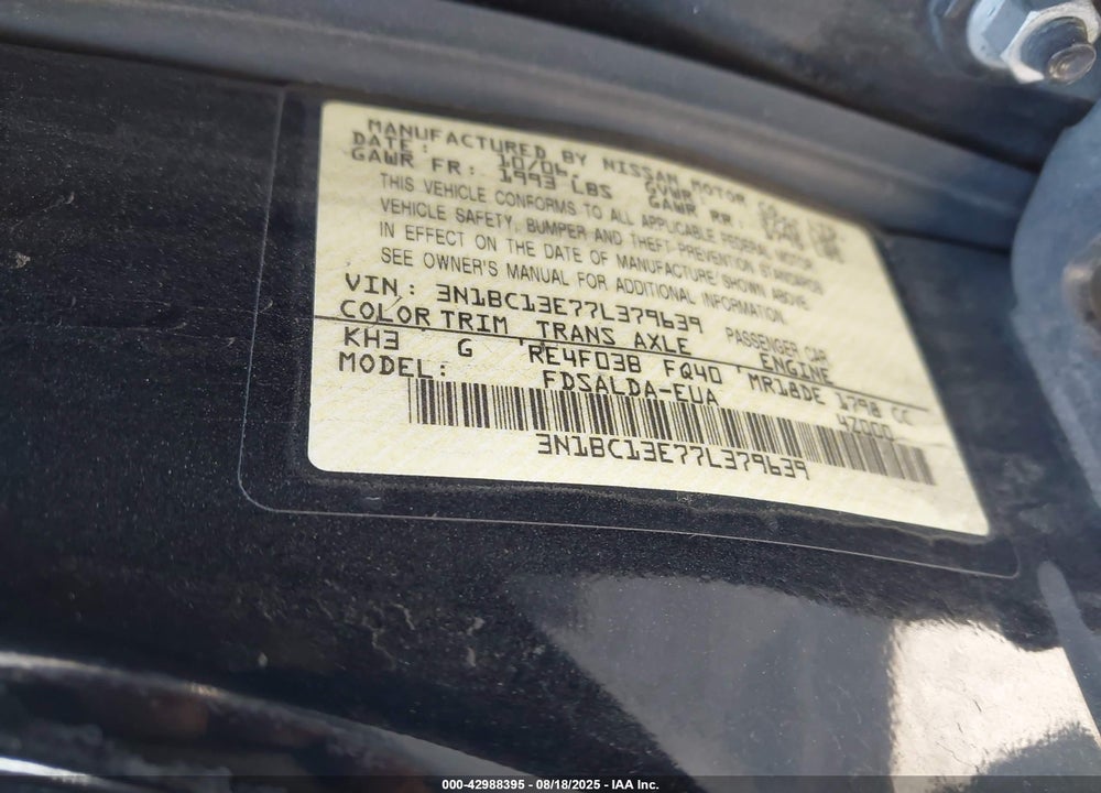 2007 NISSAN VERSA 1.8S VIN: 3N1BC13E77L379639
