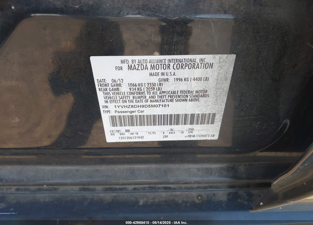 2013 MAZDA 6 VIN: 1YVHZ8DH9D5M07101