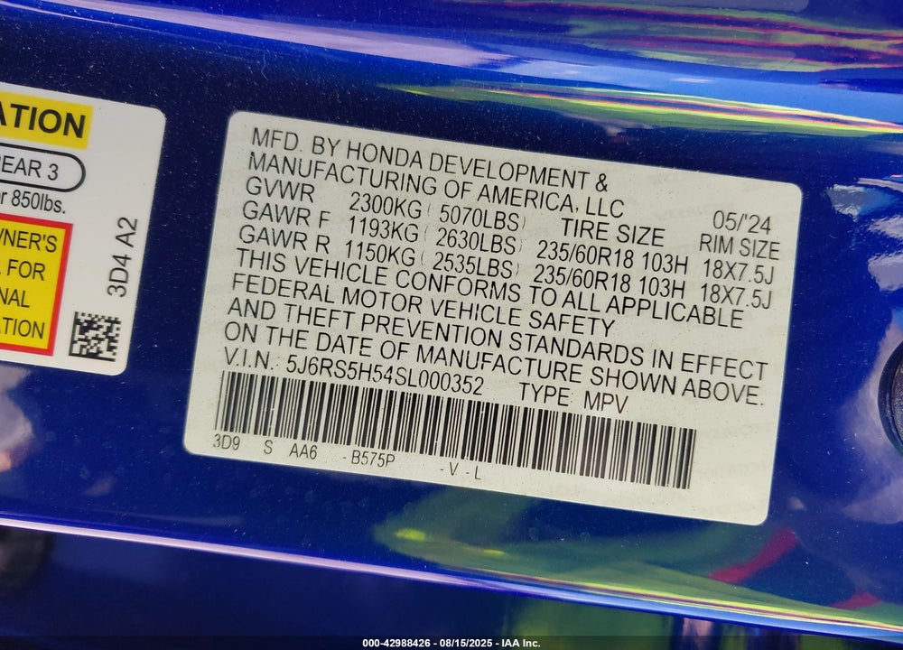 2025 HONDA CR-V VIN: 5J6RS5H54SL000352