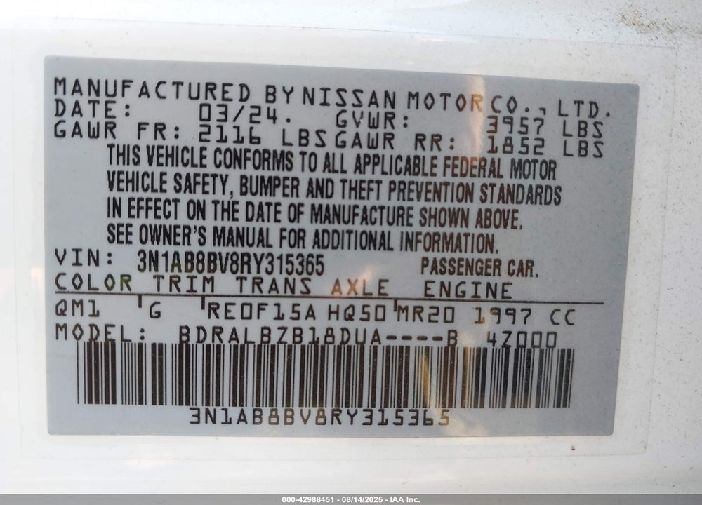 2024 NISSAN SENTRA S XTRONIC CVT VIN: 3N1AB8BV8RY315365