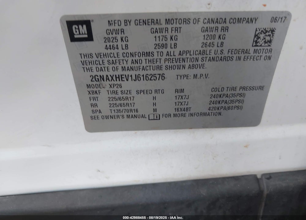 2018 CHEVROLET EQUINOX VIN: 2GNAXHEV1J6162576