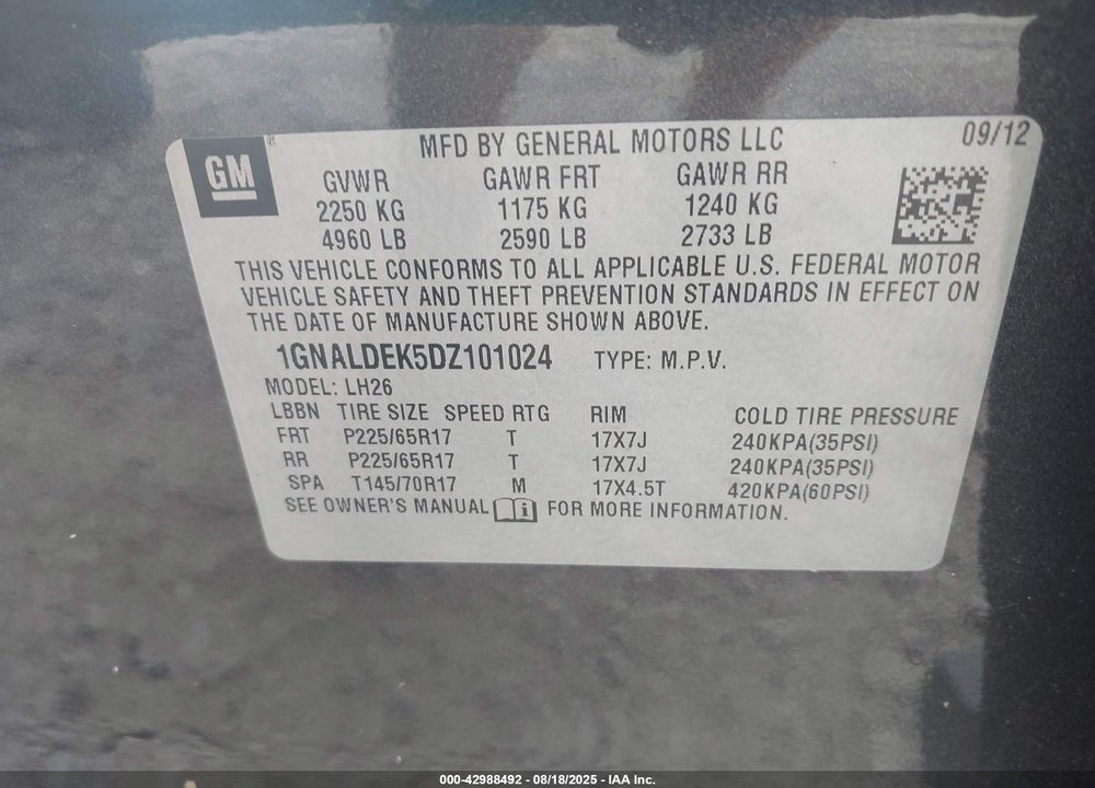 2013 CHEVROLET EQUINOX VIN: 1GNALDEK5DZ101024