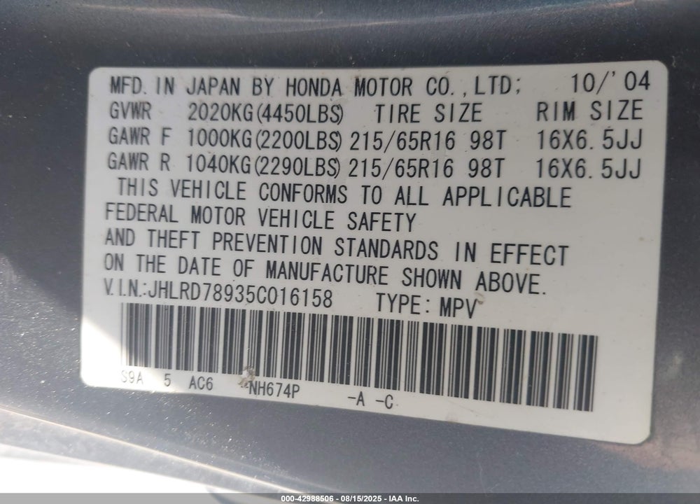 2005 HONDA CR-V SE VIN: JHLRD78935C016158