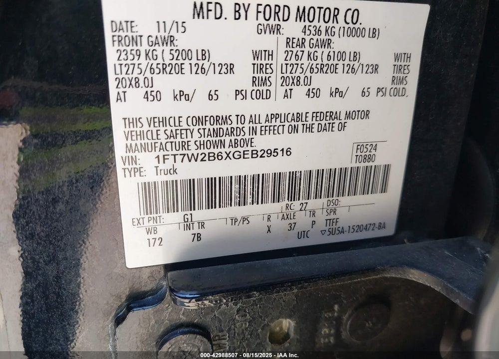 2016 FORD F-250 VIN: 1FT7W2B6XGEB29516