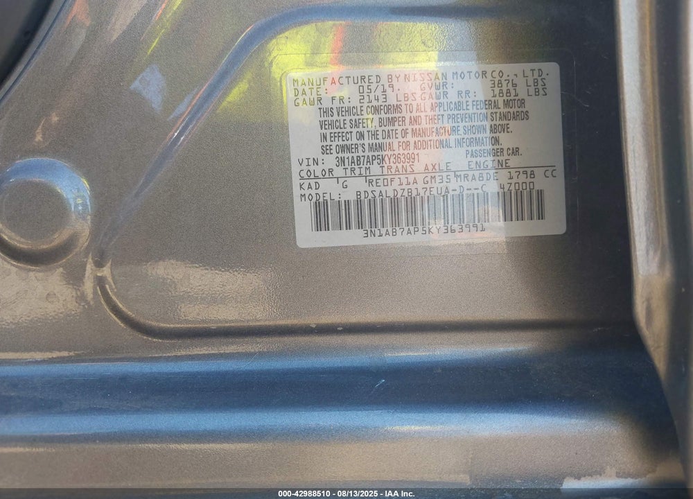 2019 NISSAN SENTRA VIN: 3N1AB7AP5KY363991