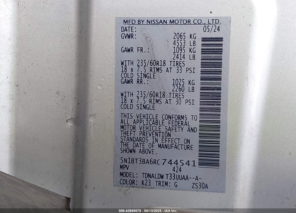 2024 NISSAN ROGUE VIN: 5N1BT3BA6RC744541