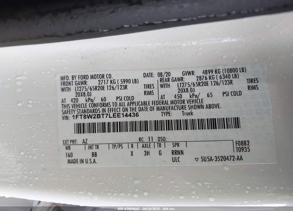 2020 FORD F-250 PLATINUM VIN: 1FT8W2BT7LEE14436