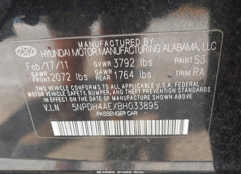 2011 HYUNDAI ELANTRA GLS VIN: 5NPDH4AEXBH033895