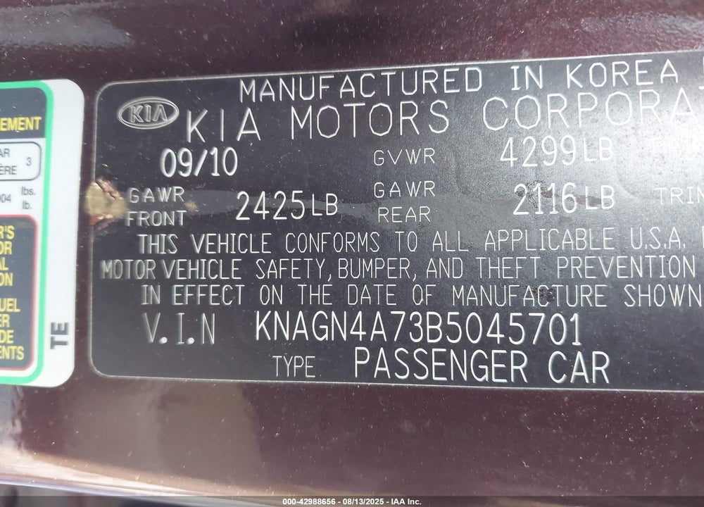 2011 KIA OPTIMA EX VIN: KNAGN4A73B5045701