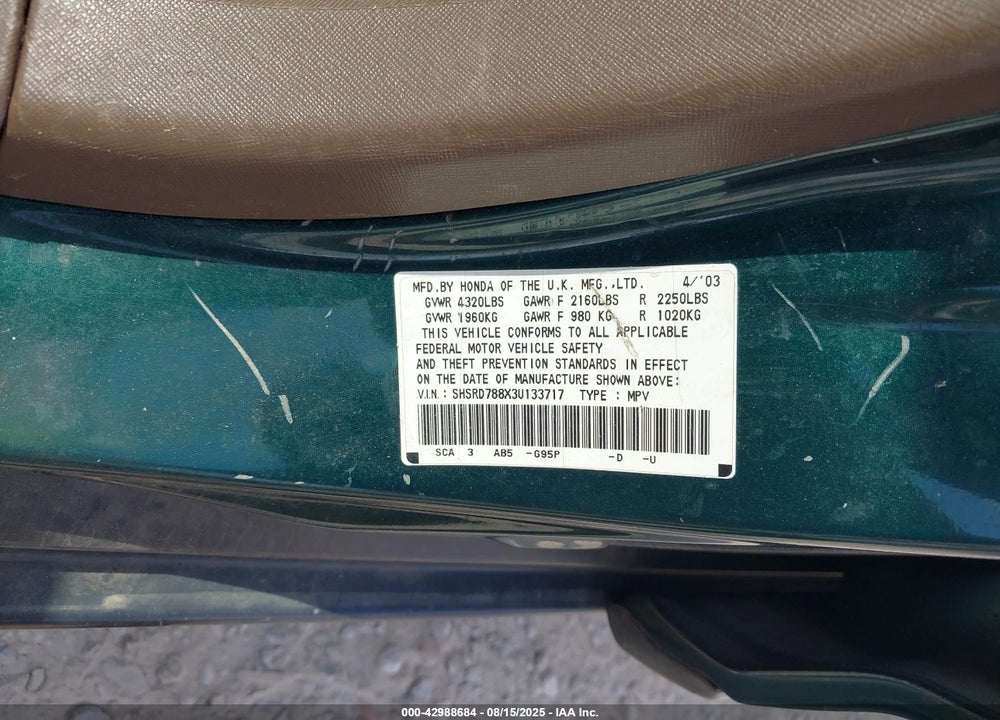 2003 HONDA CR-V EX VIN: SHSRD788X3U133717