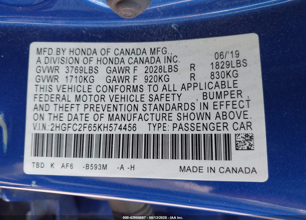 2019 HONDA CIVIC VIN: 2HGFC2F65KH574456