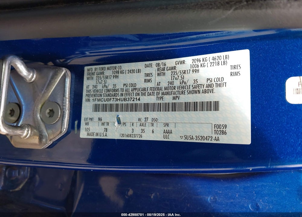 2017 FORD ESCAPE VIN: 1FMCU0F73HUB37214