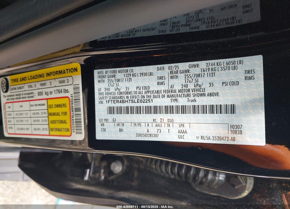 2025 FORD RANGER VIN: 1FTER4BH7SLE02251