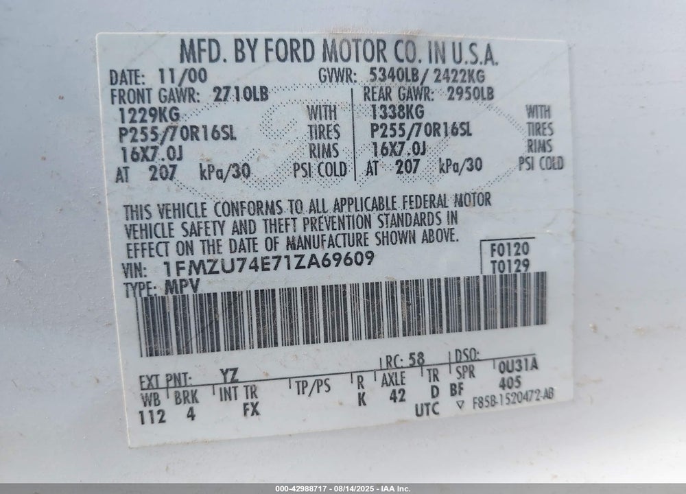 2001 FORD EXPLORER EDDIE BAUER VIN: 1FMZU74E71ZA69609