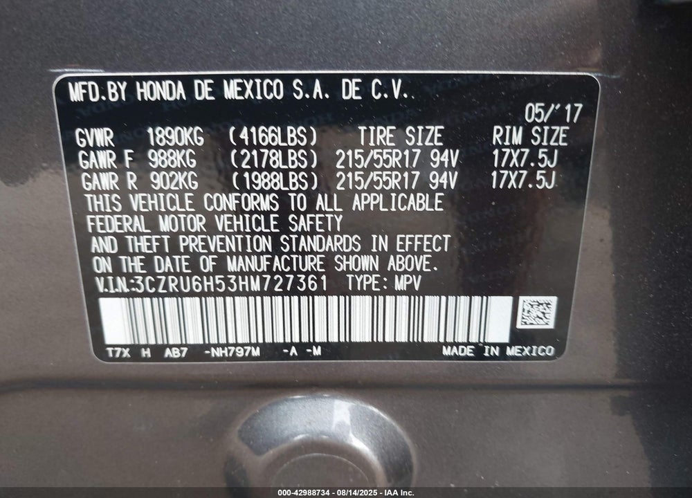 2017 HONDA HR-V VIN: 3CZRU6H53HM727361