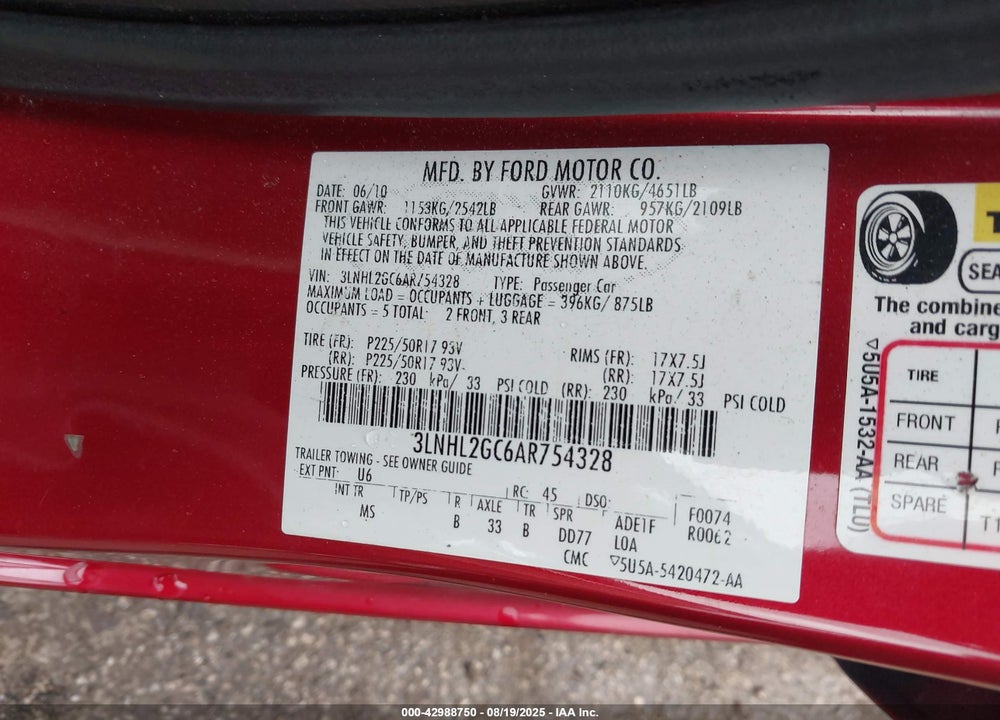 2010 LINCOLN MKZ VIN: 3LNHL2GC6AR754328