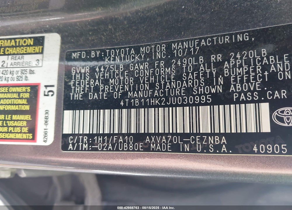 2018 TOYOTA CAMRY VIN: 4T1B11HK2JU030995