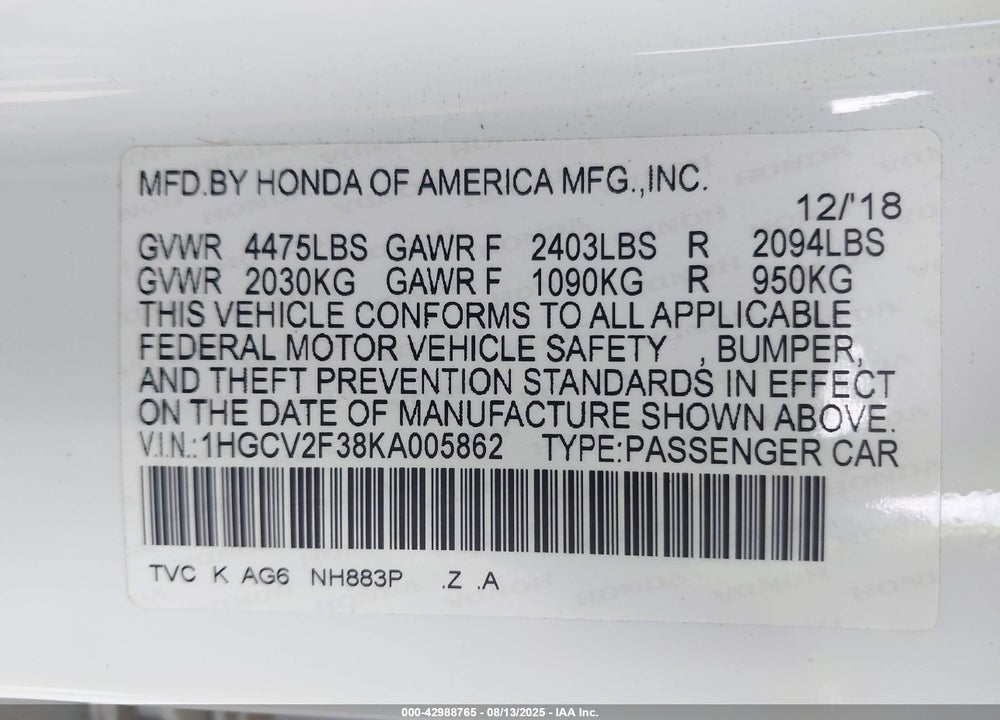 2019 HONDA ACCORD VIN: 1HGCV2F38KA005862