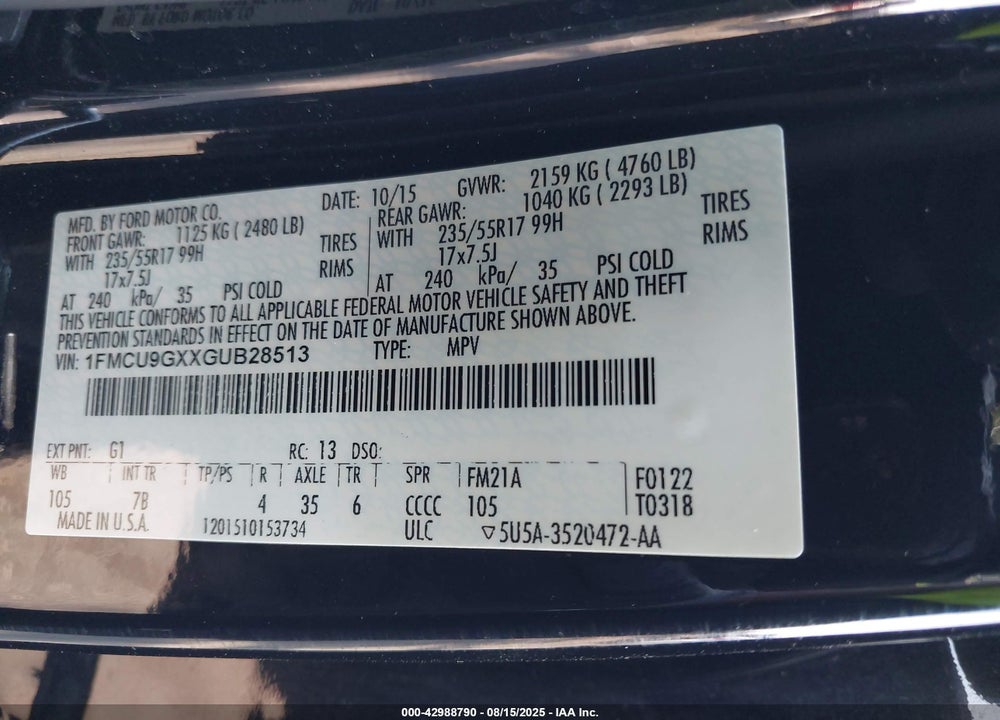 2016 FORD ESCAPE VIN: 1FMCU9GXXGUB28513
