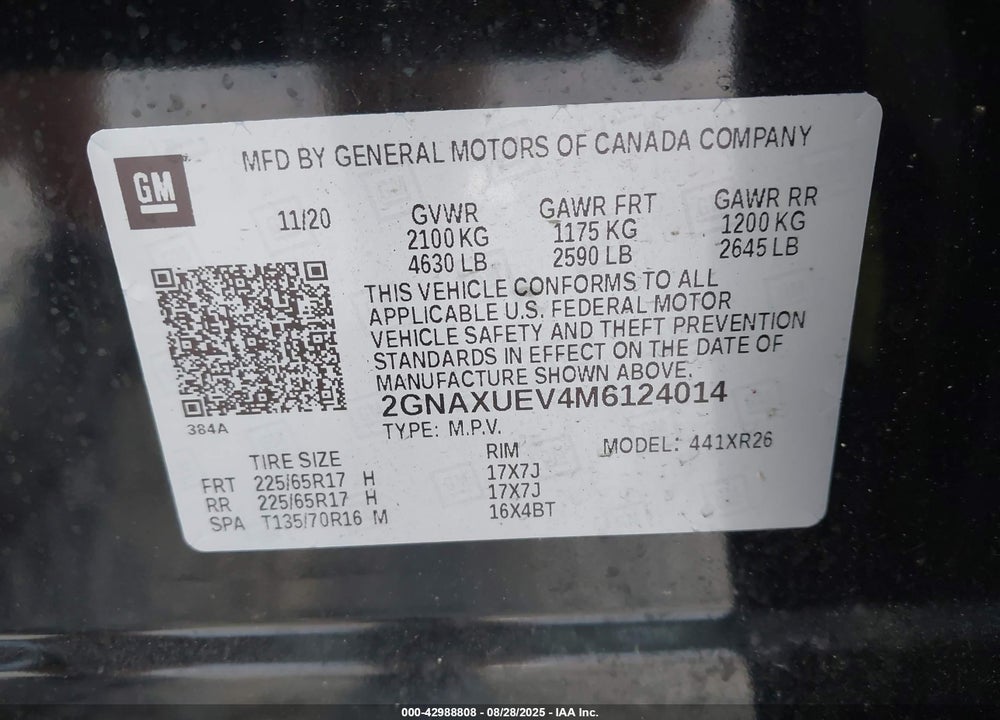2021 CHEVROLET EQUINOX VIN: 2GNAXUEV4M6124014