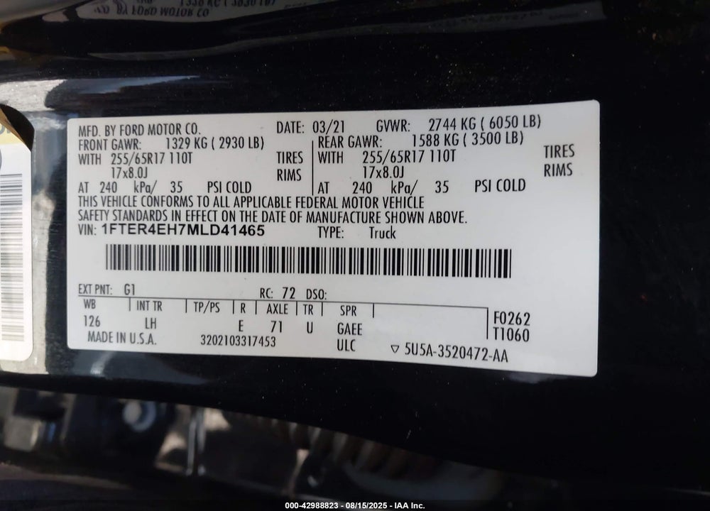 2021 FORD RANGER XL VIN: 1FTER4EH7MLD41465