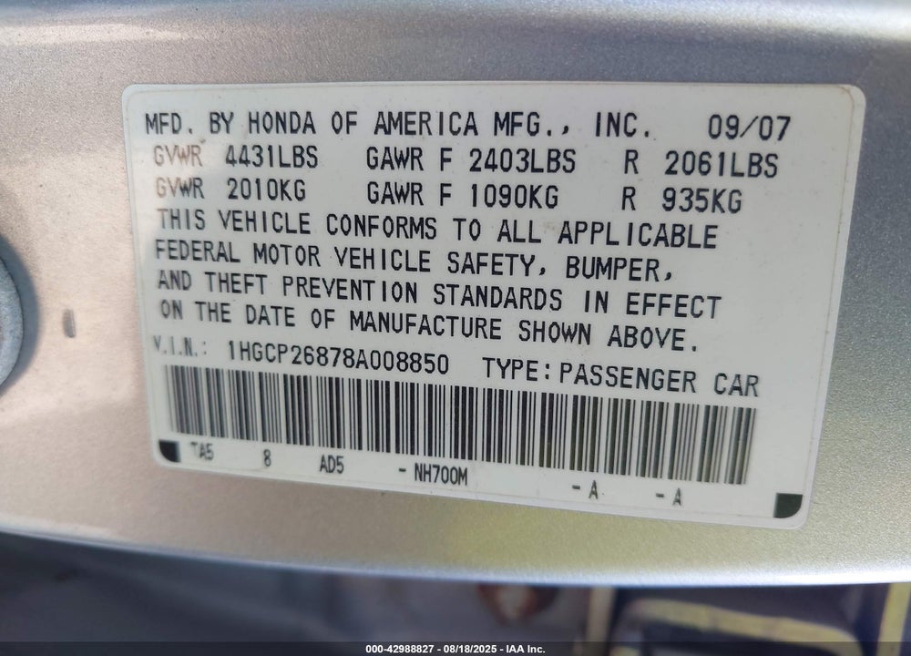 2008 HONDA ACCORD 2.4 EX-L VIN: 1HGCP26878A008850