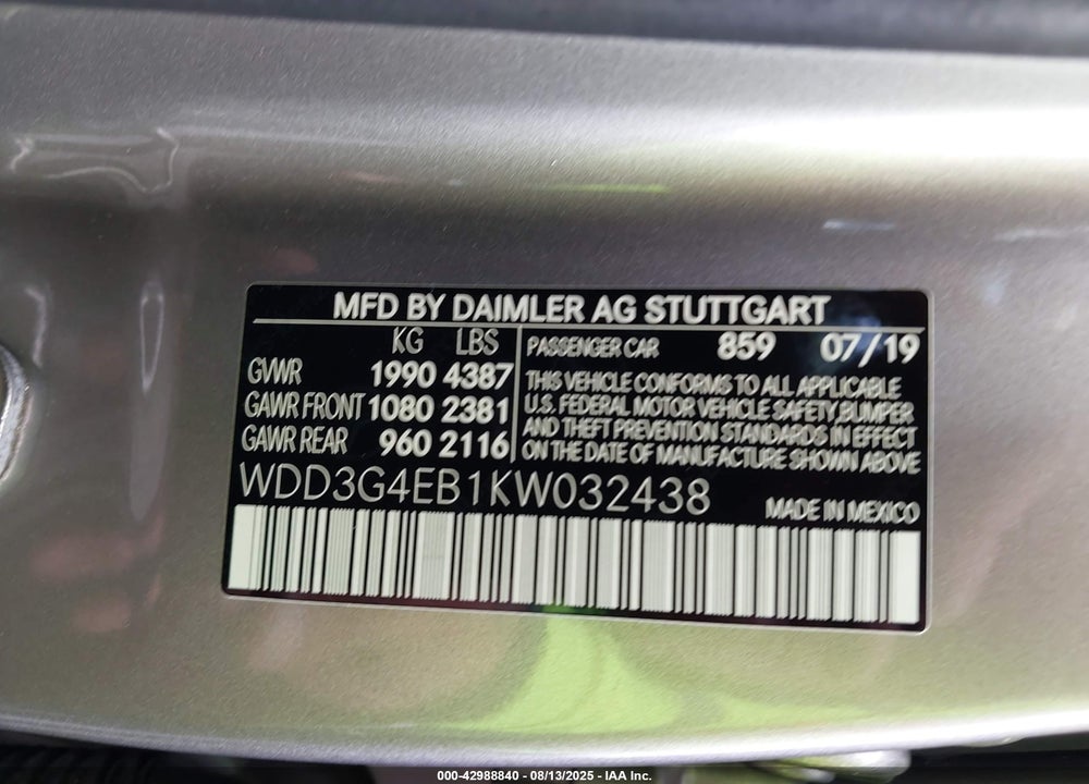 2019 MERCEDES-BENZ A-CLASS VIN: WDD3G4EB1KW032438