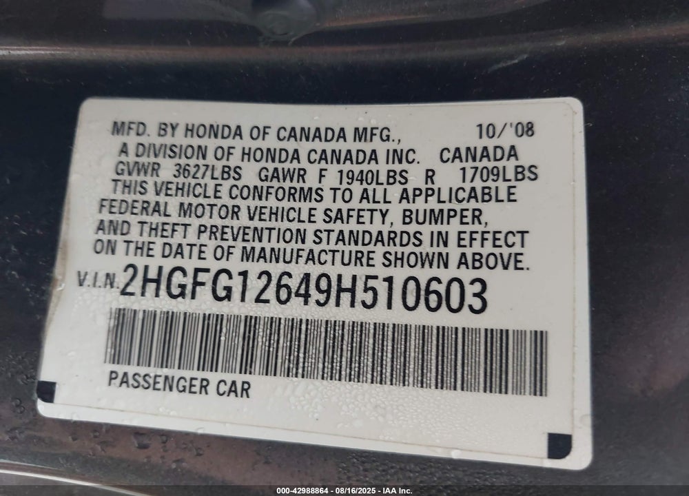2009 HONDA CIVIC VIN: 2HGFG12649H510603