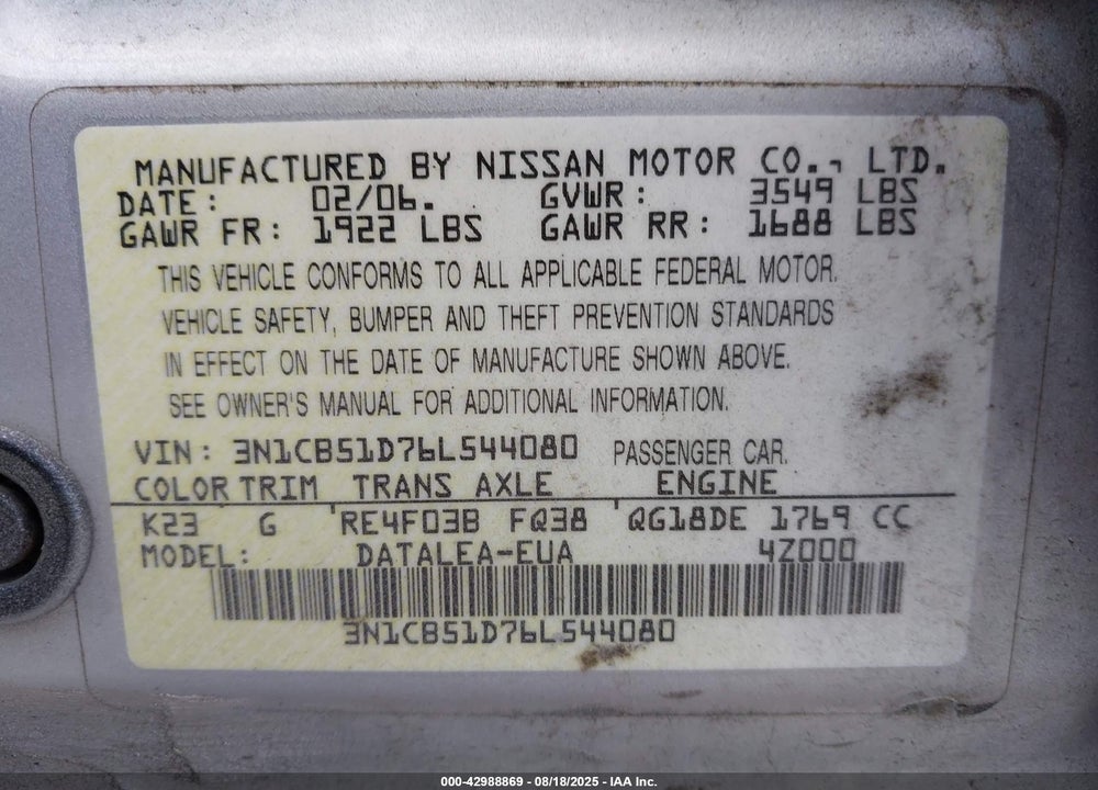 2006 NISSAN SENTRA 1.8S VIN: 3N1CB51D76L544080