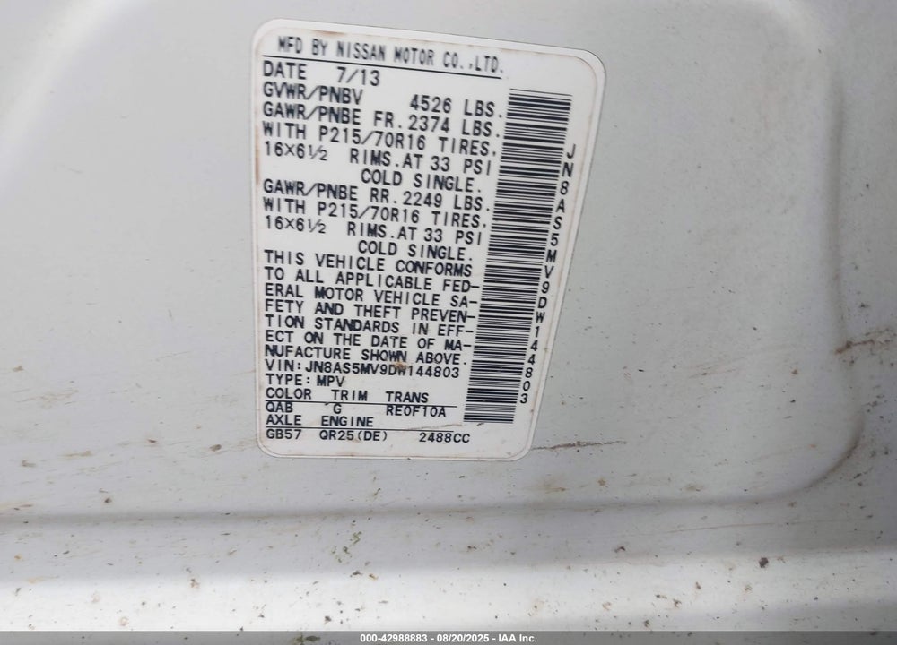 2013 NISSAN ROGUE VIN: JN8AS5MV9DW144803