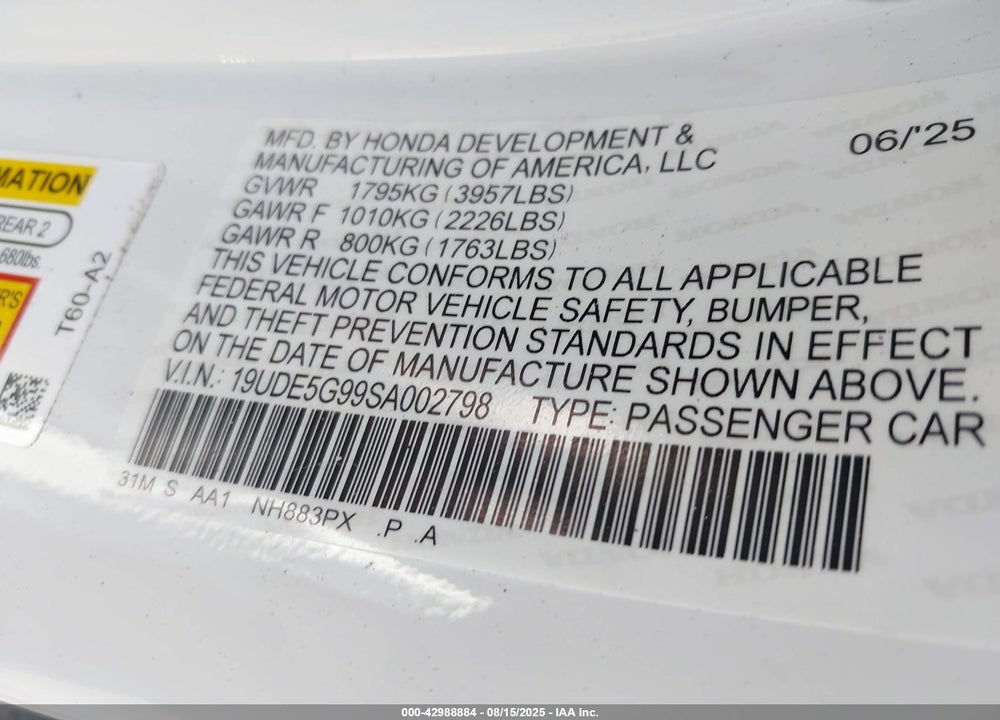 2025 ACURA INTEGRA VIN: 19UDE5G99SA002798