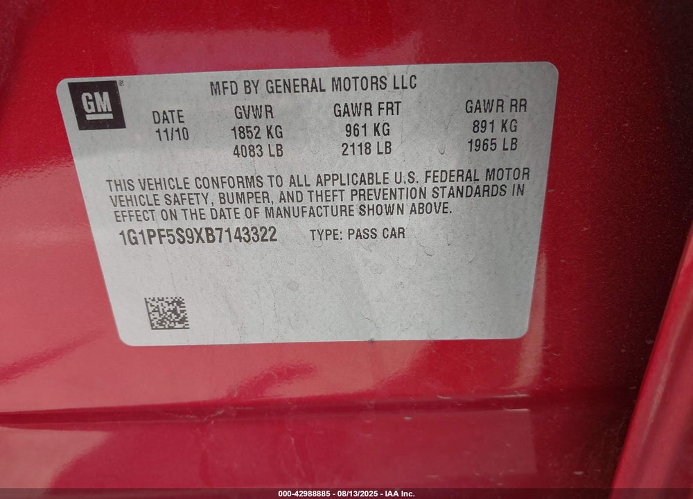 2011 CHEVROLET CRUZE VIN: 1G1PF5S9XB7143322