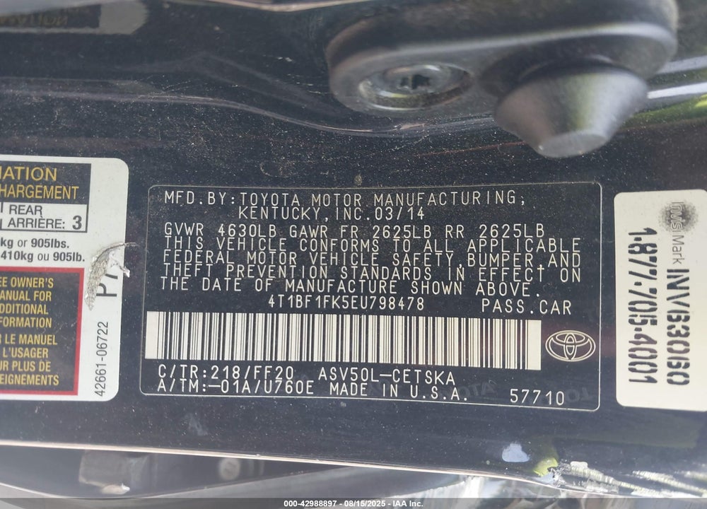 2014 TOYOTA CAMRY VIN: 4T1BF1FK5EU798478