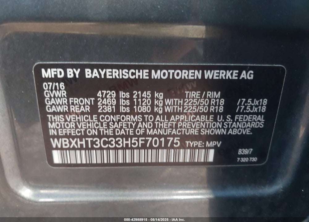2017 BMW X1 VIN: WBXHT3C33H5F70175
