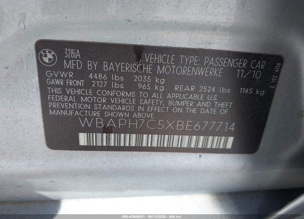 2011 BMW 3 SERIES VIN: WBAPH7C5XBE677714