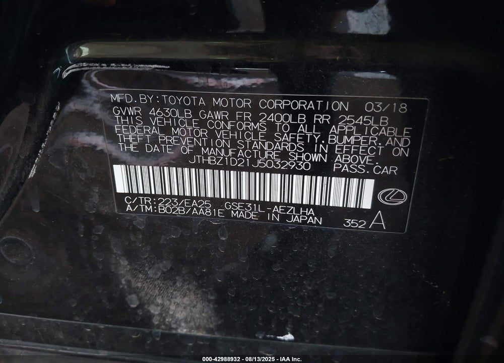 2018 LEXUS IS 350 VIN: JTHBZ1D21J5032930