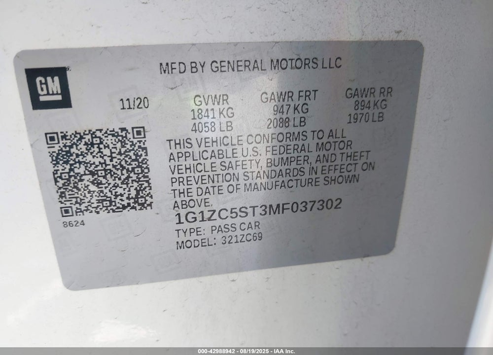 2021 CHEVROLET MALIBU VIN: 1G1ZC5ST3MF037302