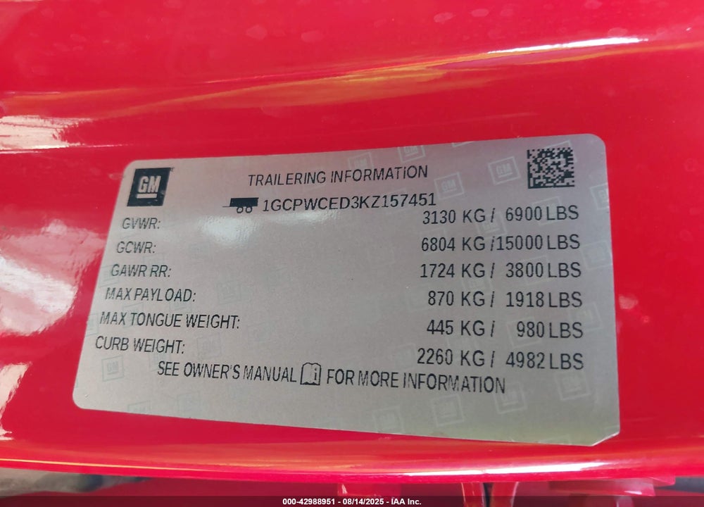 2019 CHEVROLET SILVERADO 1500 VIN: 1GCPWCED3KZ157451
