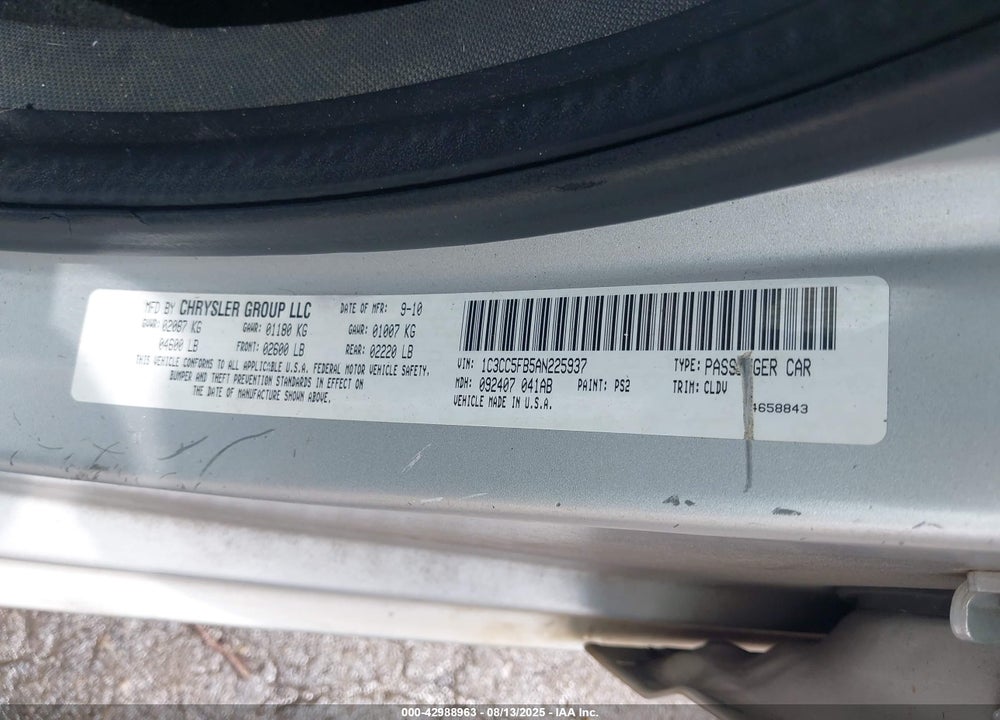 2010 CHRYSLER SEBRING VIN: 1C3CC5FB5AN225937