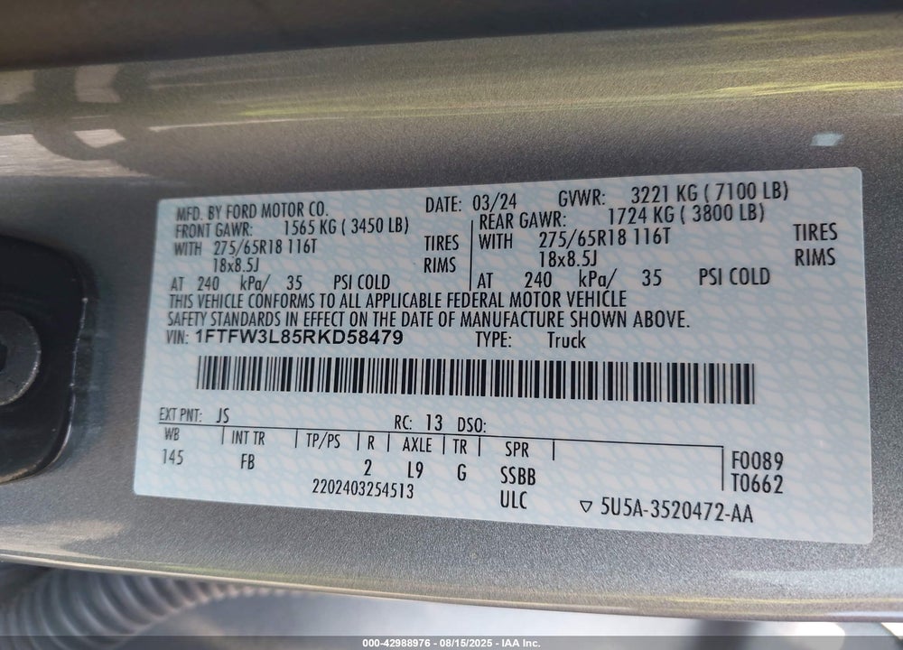 2024 FORD F-150 VIN: 1FTFW3L85RKD58479