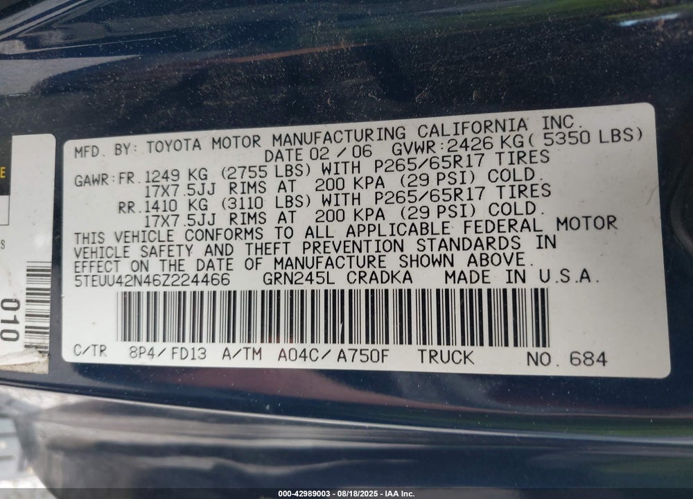 2006 TOYOTA TACOMA BASE V6 VIN: 5TEUU42N46Z224466
