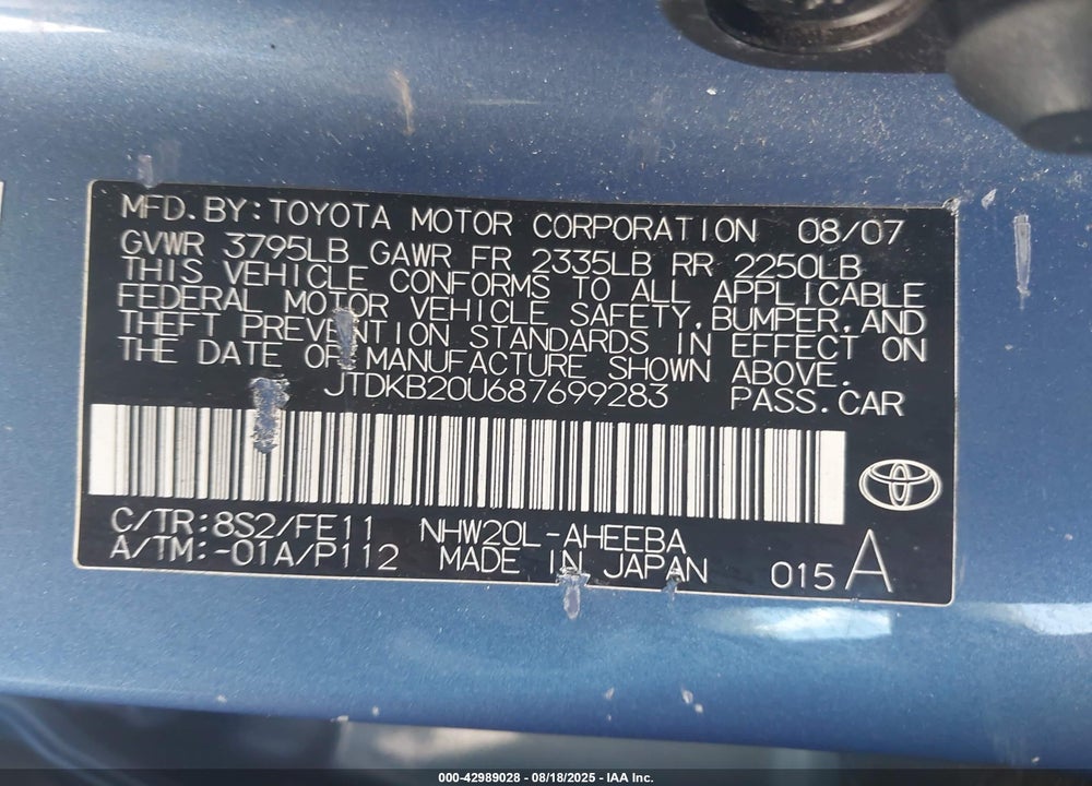 2008 TOYOTA PRIUS TOURING VIN: JTDKB20U687699283