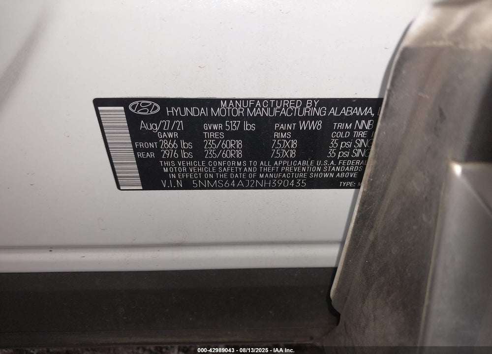 2022 HYUNDAI SANTA FE VIN: 5NMS64AJ2NH390435