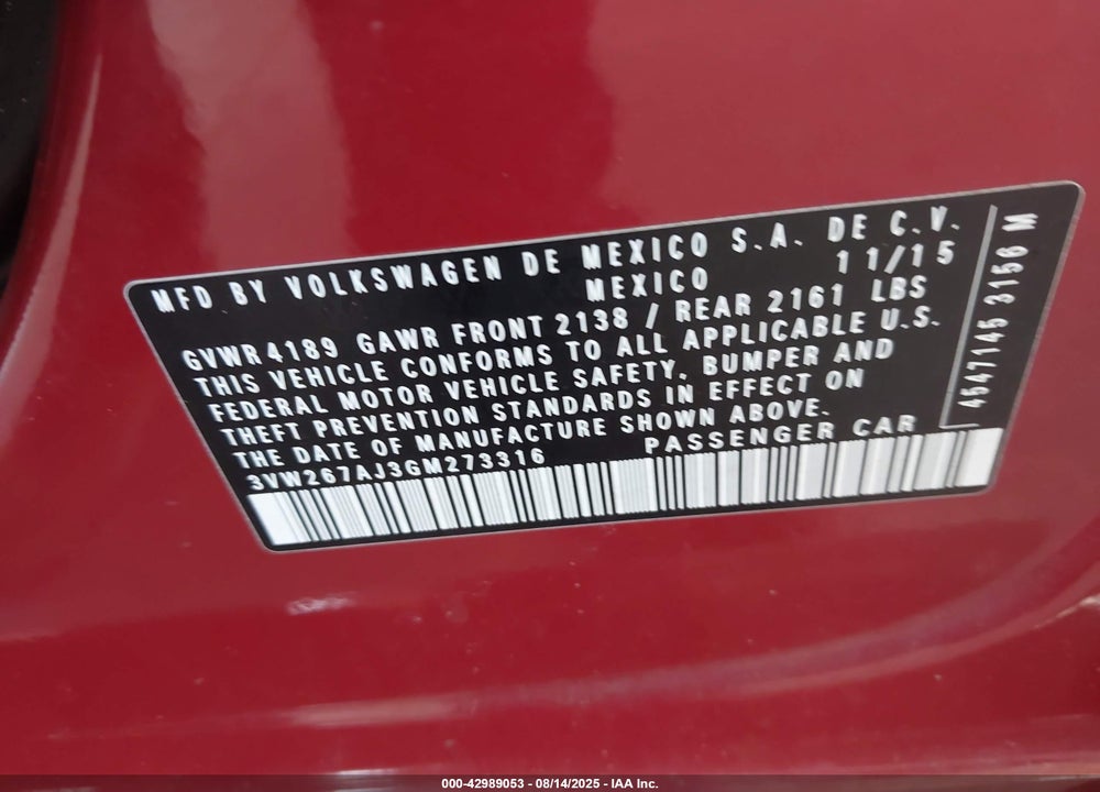 2016 VOLKSWAGEN JETTA VIN: 3VW267AJ3GM273316