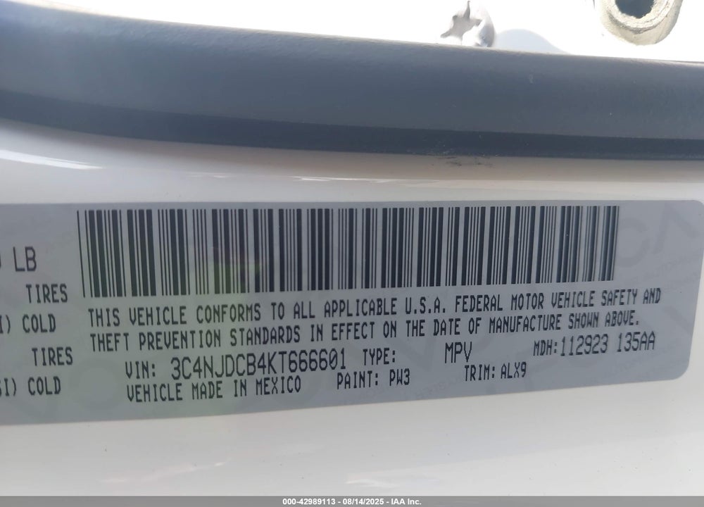 2019 JEEP COMPASS VIN: 3C4NJDCB4KT666601