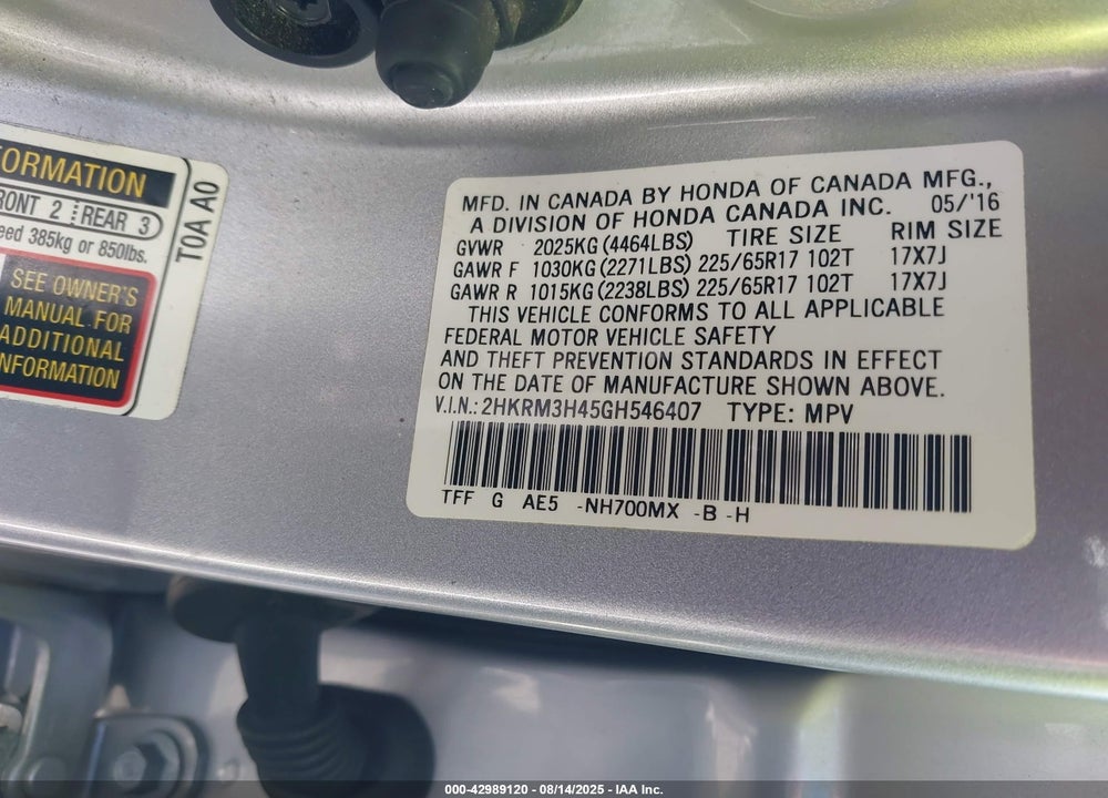 2016 HONDA CR-V VIN: 2HKRM3H45GH546407
