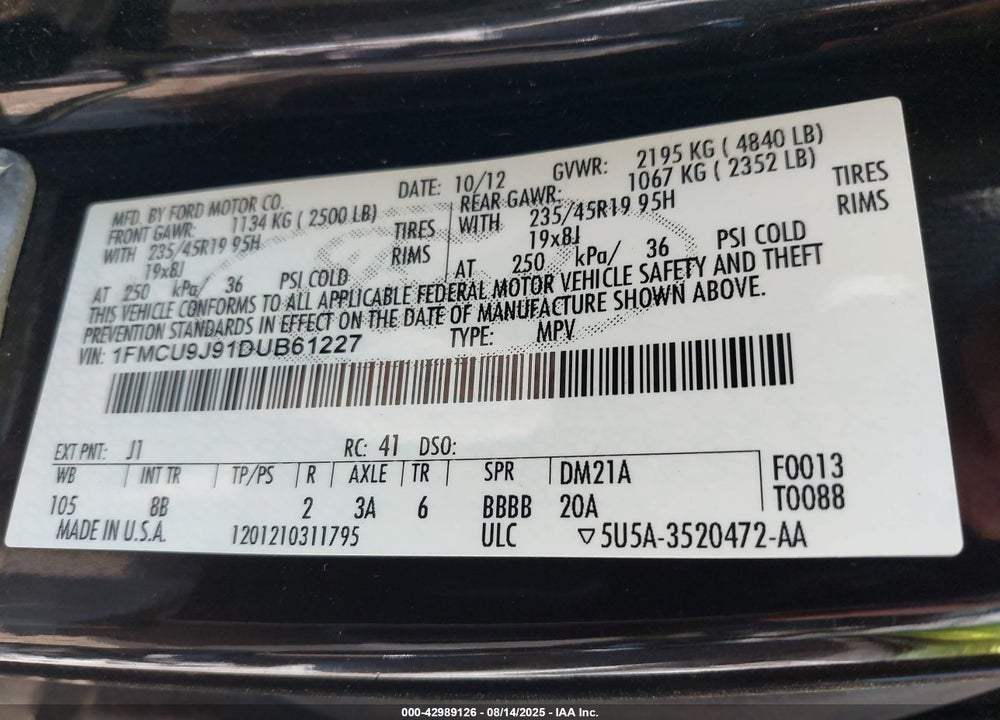 2013 FORD ESCAPE VIN: 1FMCU9J91DUB61227