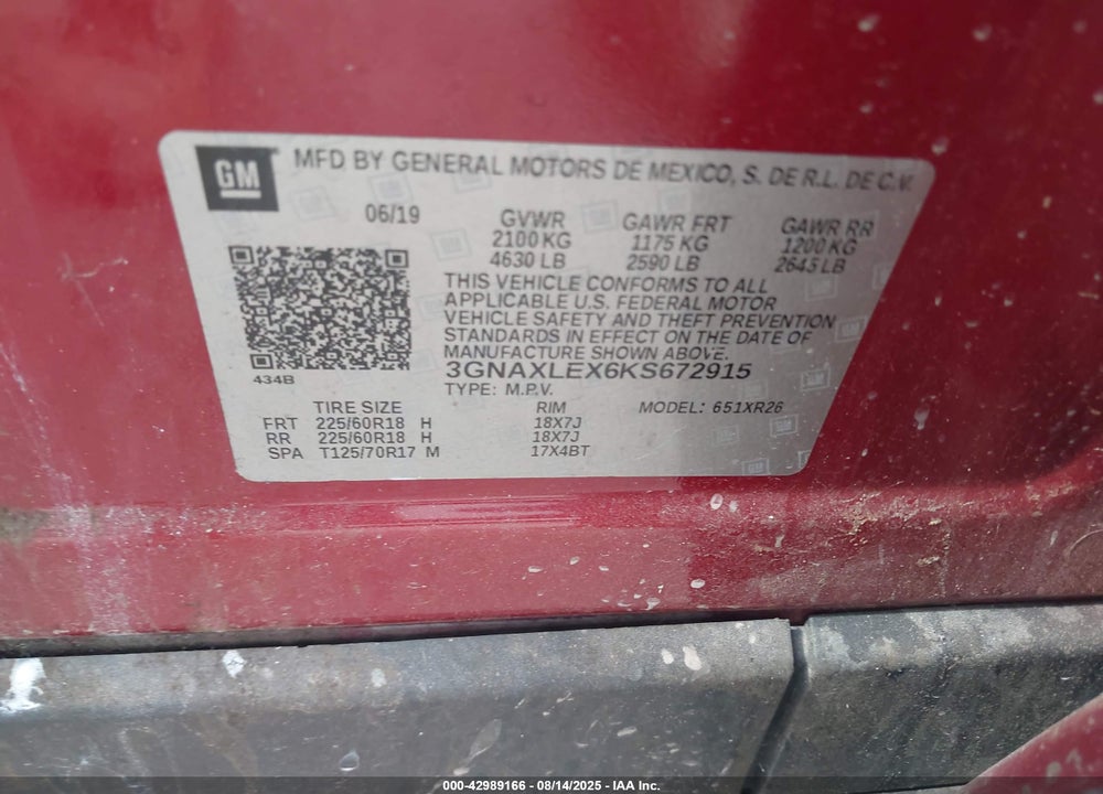 2019 CHEVROLET EQUINOX VIN: 3GNAXLEX6KS672915